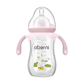 Oberni Anti-Colic Baby Bottle with Size 4 Breast-Like Teat, Non-Slip Handles, Weighted Straw for 12 Months Newborn Babies, 270ml/9oz/Pink/1Pack