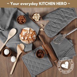 Native Fab 10-Piece Kitchen Set - 100% Cotton, Includes Dishcloths, Dish Towels, Oven Mitts, Potholders, Heat Resistant & Durable, Ideal for Baking, Cooking, and Everyday Kitchen Tasks - Grey