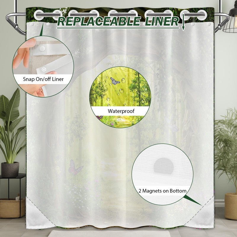 Bxpaitx Green Enchanted Forest Hookless Shower Curtain with Snap in