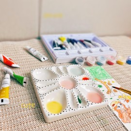 ANLYAWX Ceramic Watercolor Palette - Whimsical Black Polka Dot Design with Slanted Paint Well, Premium Glazed Ceramic Artist Palette for Watercolor & Gouache Painting