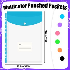 Candcamp 12 Pack Punched Folders with Plastic Pockets,6 Color A4 Plastic Wallets 11 Holes Document Files Popper Wallets with Button and Pocket for School Office