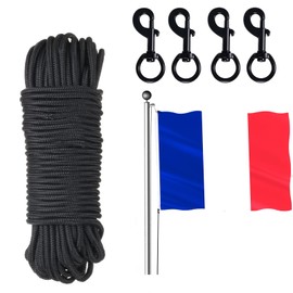 Flag Pole Rope Kit 100FT Flagpole Halyard Rope 5/16'' Thick with 4PCS Swivel Snap Hooks for Flagpoles Up to 50ft Double Braided Nylon Flagpole Line Rope Outdoor Camping Tent Hardware Accessories,Black