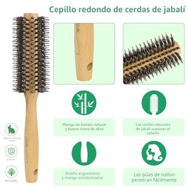 Vista Cepillo redondo de bambú con peine de cola de alfiler, cepillo de cerdas de jabalí natural, cepillo redondo para secado por soplado para mujeres