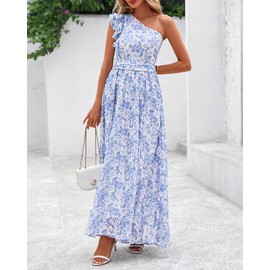 BTFBM Women Summer One Shoulder Floral Wedding Guest Dresses Sleeveless Smocked Ruffle Flowy Beach Vacation Maxi Dress(Floral Blue, Medium)