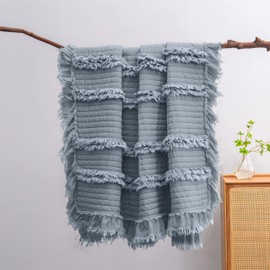 Ultra Soft Pre-Washed Quilted Throw Blanket, Ruffle Fringed Dark Blue Decorative Throw, Stone Washed Chic Rustic Blanket for Sofa Couch Bed Chair, 50"x 60"