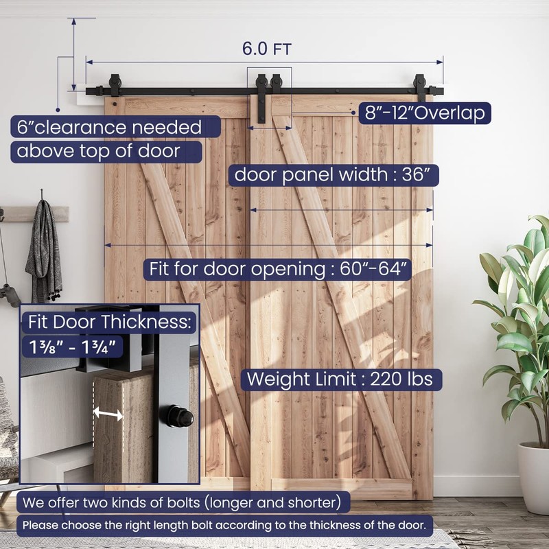 SMARTSTANDARD 6 Feet Bypass Sliding Barn Door Hardware Kit -