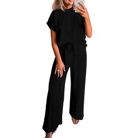 KIRUNDO Summer Sets Women 2 Piece Outfits Casual Ribbed Knit Short Sleeve Tops Wide Leg Pants Lounge Set Travel Tracksuit(Black, XX-Large)