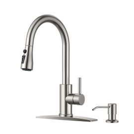 FORIOUS Kitchen Faucets with Soap Dispenser, Brushed Nickel Kitchen Faucets with Pull Down Sprayer, Classic Stainless Steel Kitchen Sink Faucet, High Arc Single Hole Faucets for Kitchen Sink RV Bar
