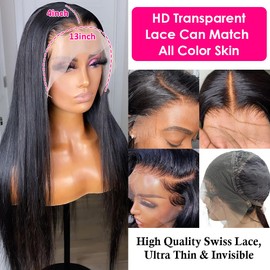 Subella 10A HD Lace Front Wigs Human Hair Pre Plucked Hairline with Baby Hair 180 Density 13x4 Brazilian Straight Human Hair Wigs for Black Women Natural Black Color (14inch)