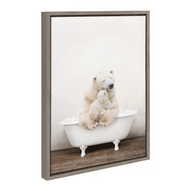 Kate and Laurel Sylvie Mother and Baby Polar Bear in Rustic Bath Framed Canvas Wall Art by Amy Peterson Art Studio, 18x24 Gray, Modern Fun Decorative Bathtub Wall Art for Home Décor