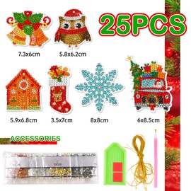 BETESSIN 25 Pieces Diamond Painting Christmas Pendant Diamond Painting Christmas Decoration 5D DIY Diamond Christmas Tree Pendant Set Gift Pendant Christmas Decoration Mini Christmas Tree Decoration