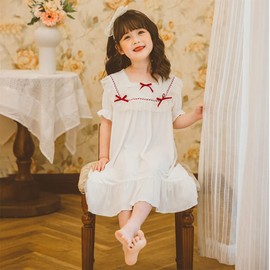 Flwydran Nightgowns for Girls, Modal Cotton Princess Sleepwear with Tie, Soft Family Pyjamas, Children's Nightdress, 3-12 Years, White