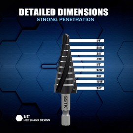 GSTK Pro Max 1/4" - 3/4" Four Spiral Flute Cobalt Step Drill Bit, Impact Ready, for Metal, Stainless Steel, Aluminum, Wood, Plastic with 1/4" Hex Shank
