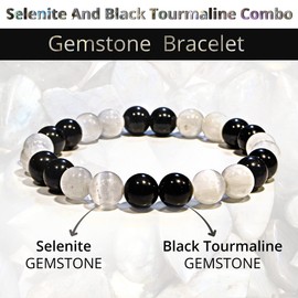 Selenite & Black Tourmaline Crystal Bead Bracelet – Healing Crystal Bracelet for Women and Men – 8mm Beaded Bracelets for Spiritual Healing, Protection – Unisex Elastic Adjustable Gemstone Bracelet