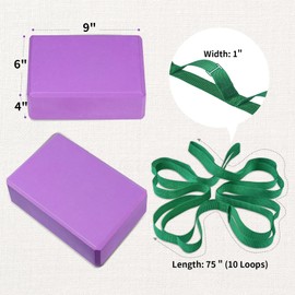 Yoga Block and Yoga Strap Set, 2 Soft Non-Slip Yoga Blocks 9×6×4 inches, 10 Loops Stretching Yoga Strap, Meditation, Balance, Pilates, Stretching and Deep Poses (Purple)