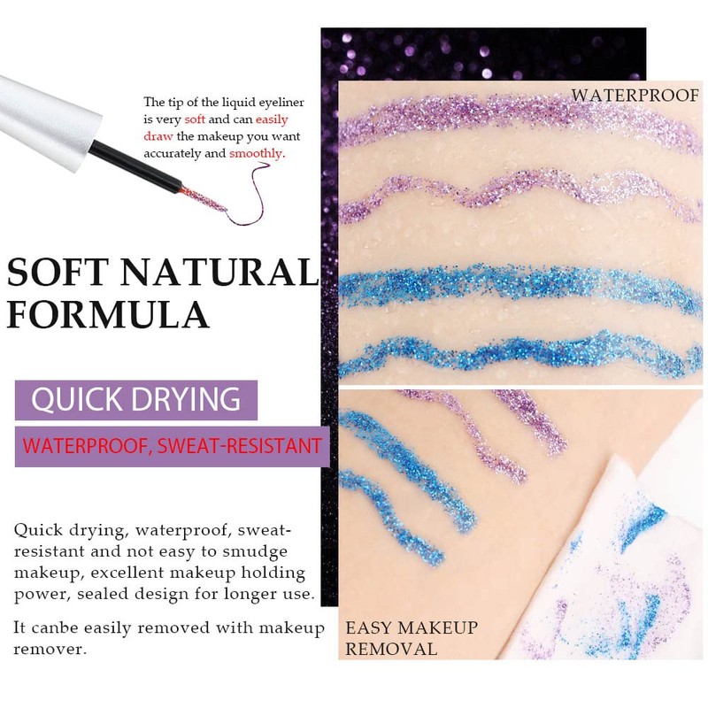 evpct 2Pcs Royal Blue Purple Liquid Glitter Eyeliner Set, Shimmery