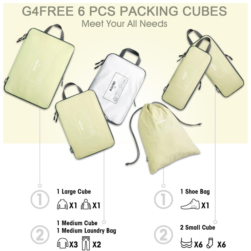 G4Free 6 Sets Compression Packing Cubes, 3 Sizes Waterproof Travel