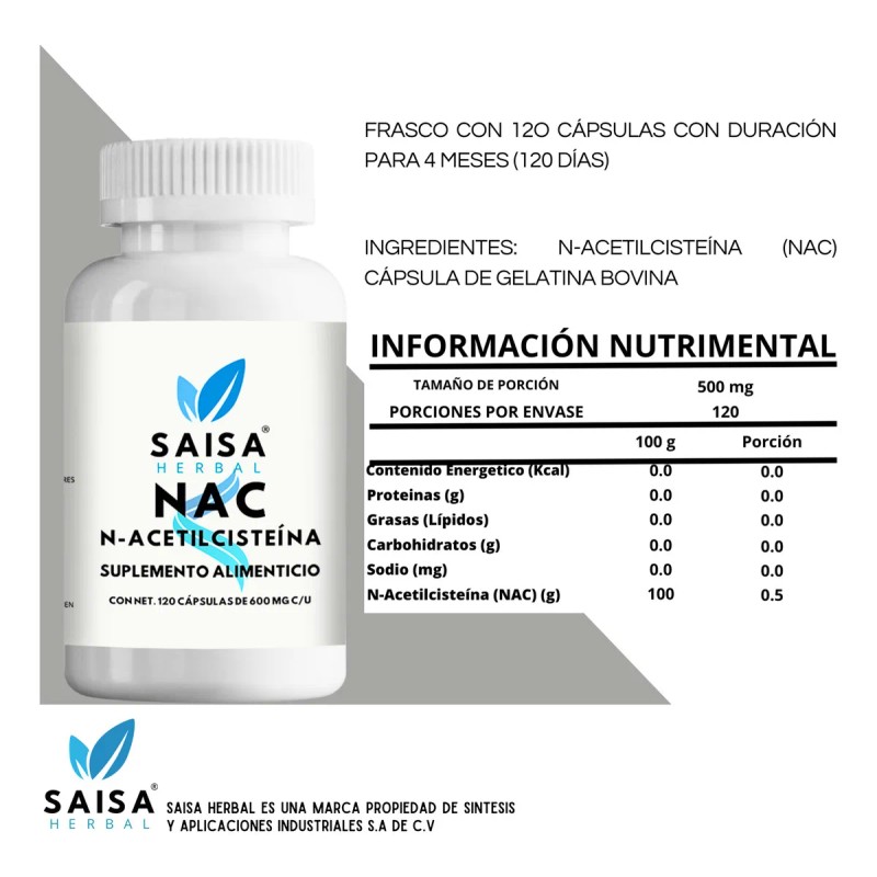 NAC N-Acetilcisteína 600 mg 120 Cáps SAISA HERBAL | Suplemento