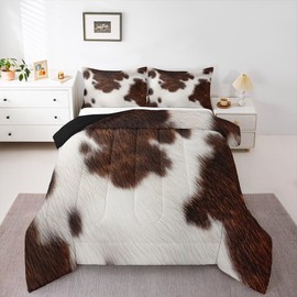 Erosebridal (Not Real Cowhide Bedding Set King Cow Print Down Comforter Rustic Spotted Cow Fur Texture Comforter Set for Kids Adult Western Farmhouse Animal Hair Duvet Set, Black White