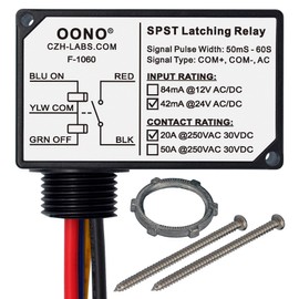 AC/DC 24V SPST 20Amp 250Vac/30Vdc Latching Relay Module, Plastic Enclosure Wired, OONO F-1060