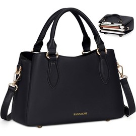 RAINSMORE Bolsas de Mujer PU Impermeable Bolsa de Mano Bolsa Tote Mujer con Bandolera Ajustable Bolso Crossbody Hombro para Trabajo Casual Citas Negro