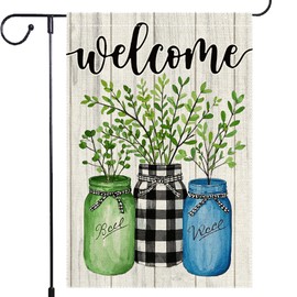 Welcome Buffalo Plaid Mason Jar Garden Flag 12x18 Inch Double Sided Burlap Small Decor Sunflowers Patio Lawn Outside Decorations