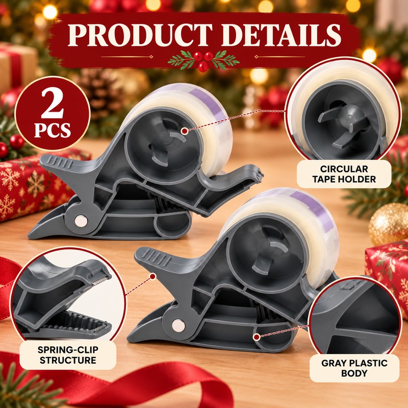 2-Piece Tape Dispenser Clips for Gift Wrapping – Gray ABS