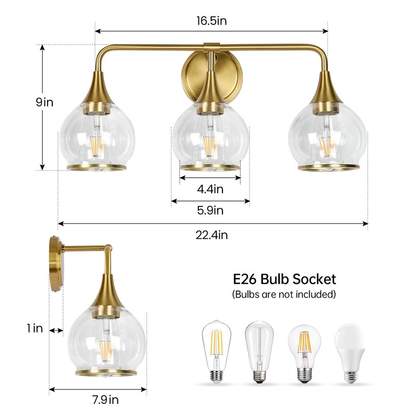 HAHZT Gold Bathroom Vanity Light 3-Lights Bathroom Light Fixtures Over