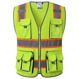 JKSafety 10 Pockets Hi-Vis Neon Color Frontal Zipper Mesh Safety Vest for Men Women Safety Utility for works Comply to ANSI/ISEA Class 2 (86-Yellow XL)