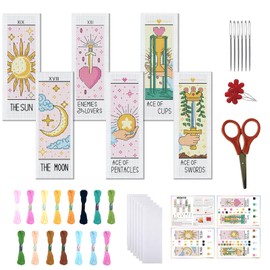 FREEBLOSS 6 Set Cross Stitch Bookmark Kit Stamped Cross Stitch Kit Tarot Cards Theme Embroidery Set with Instruction for Adults 8''*2.4''