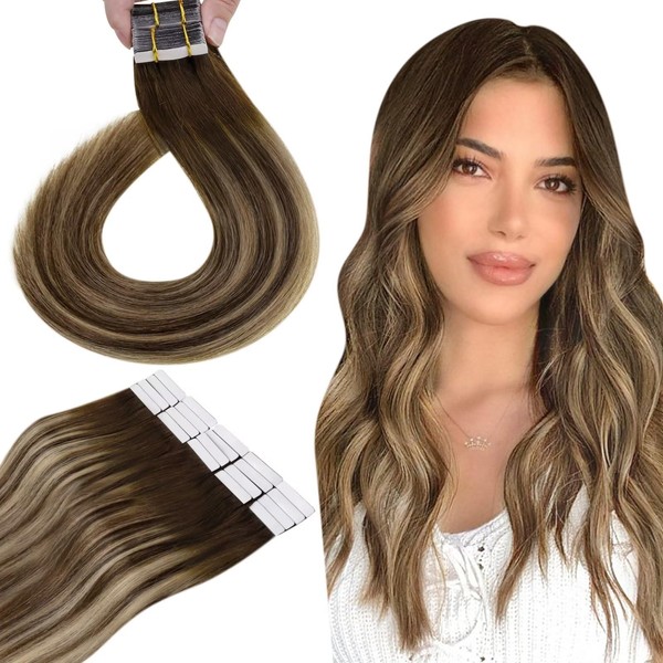 Hetto Remy Real Hair Tape-In Extensions, Ombre Chocolate Brown to Caramel Blonde No. 4/27/4, 50 g, 60 cm