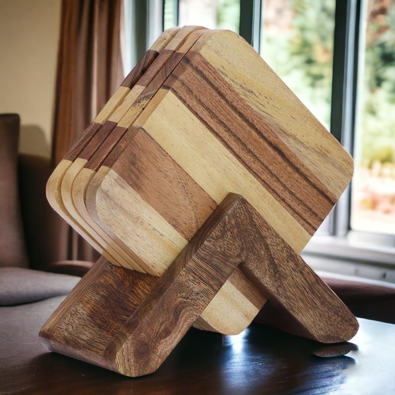 Ajuny Wooden Square Drink Coasters with Holder Set of 4