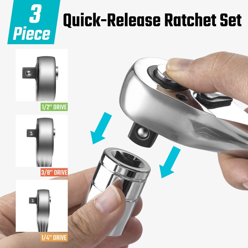 DURATECH 3-Piece Ratchet Set, 1/4", 3/8", 1/2", 72-Tooth with Quick-Release
