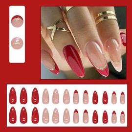 Medim Almond Press on Fake Nails Red French Tip with Glitter Design Glossy Full Cover Stick on False Nails for Women Manicure 24Pcs