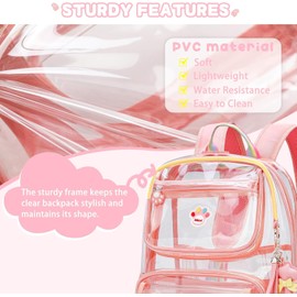 Wonder Comfort Cute Clear Backpack, School Book Bag with Cartoon Stickers & Pendant,Waterproof and Durable PVC Material Backpack, 6" Dx 11.8" W x 17" H,Pink