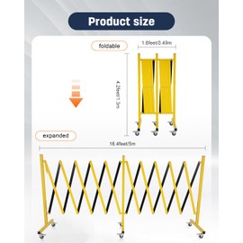 FAHKNS Industrial Expandable Barricade with Wheels 16.4 Feet Long Retractable Metal Traffic Gate Portable Security Barrier for Construction Site Elevator Outdoor Road Yellow Black