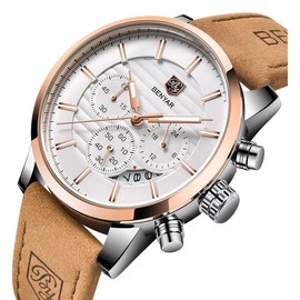 BENYAR Mens Watches Quartz Chronograph Business Brand Waterproof Wristwatches Fashion Brown Leather Watches for Men (Brown Gold White)