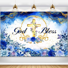 HANSHUAI God Bless Backdrop First Holy Communion Baptism Photography Background Royal Blue Floral Gold Glitter Christening Decor Banner Portrait Photo Booth Studio Props 7x5ft FU045YL