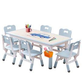 Kids Table and Chairs Set, Height Adjustable Desk With 6 Seats for Ages 3-12,Arts & Crafts Table,Graffiti Desktop, Non-Slip Legs, Max 300lbs, Children Multi-Activity Table for Classrooms,Daycares,Home