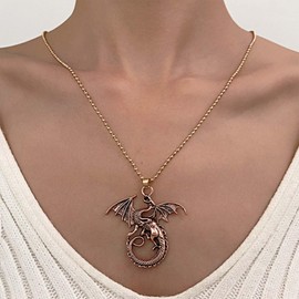 Allereya Vintage Dragon Pendant Necklace Punk Dragon Necklace Goth Antique Dragon Choker Necklace Gold Ball Chain Necklace Jewellery for Women and Girls (Gold), Zinc, No Gemstone
