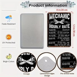 Bestylez Mechanic Gifts for Men Dad&Husband Funny Mechanic Sign Mechanic Hourly Rate Reproduction Vintage Metal Sign for Man Cave, Cars, Workshop or Garage Wall Decor 12x8 Inch (3027)