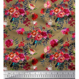 Soimoi Brown Velvet Fabric Leaves & Denmark Rose Floral Print Sewing Fabric metre 58 Inch Wide