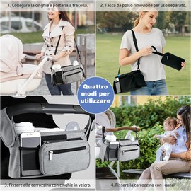 HINATAA Buggy Pram Organiser, Baby Pram Bag with 2 Drink Holders, Buggy Organiser Children's Trolley with Shoulder Strap & 2 x Secure Hooks, Pushchair Accessories with Zip Pocket (Grey)