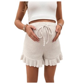 BEAUDRM Women's Maternity Elastic High Waist Shorts Ribbed Knit Knot Front Ruffle Trim Pregnancy Pajama Sleep Shorts Apricot Small
