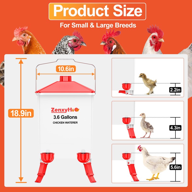 ZenxyHoC 3.6 Gal Chicken Waterer with Anti-Roost Cone, 3 Height