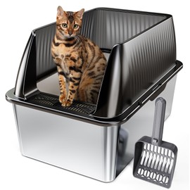 Tripamin 15” Stainless Steel Cat Litter Box,XL Stainless Steel with High Sides, Extra Large Metal Cat Litter Box for Big Cats, Multi Cats&Kitty, Easy Cleaning, Non-Sticky(Translucent Black)