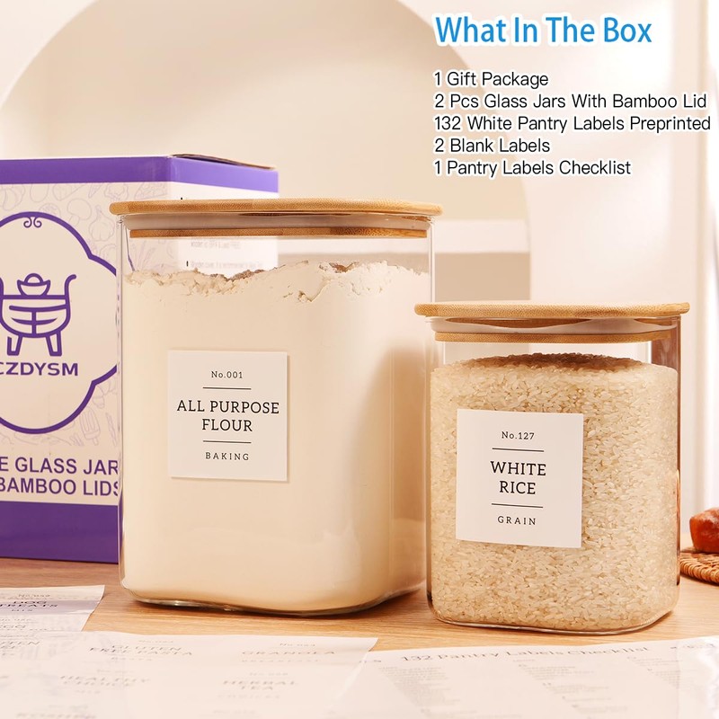 2 Pack large Square Glass Flour and Sugar Containers with