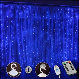 SINAMER Curtain Light, 9.8ft x 9.8ft Copper Wire String Lights, USB Powered Hanging Window Fairy Lights, 8 Lighting Modes, Remote Control for Home Christmas Wedding Party (Blue)