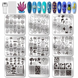 PH PandaHall Pack of 9 Ocean Theme Nail Stamping Plates Shells Seagrass Nail Stencils Sea Animals Manicure Art Stencils Beach Waves Nails Design Stencil for Summer Hawaii Women Manicure
