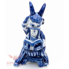 Gzhel porcelain figurine Historian Goat on a chair reading book handmade Гжель